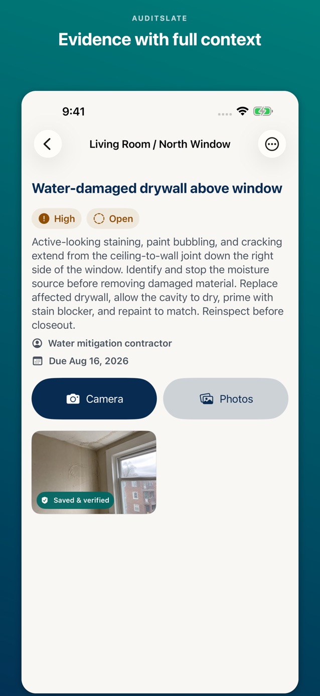 AuditSlate issue evidence screen shown on iPhone