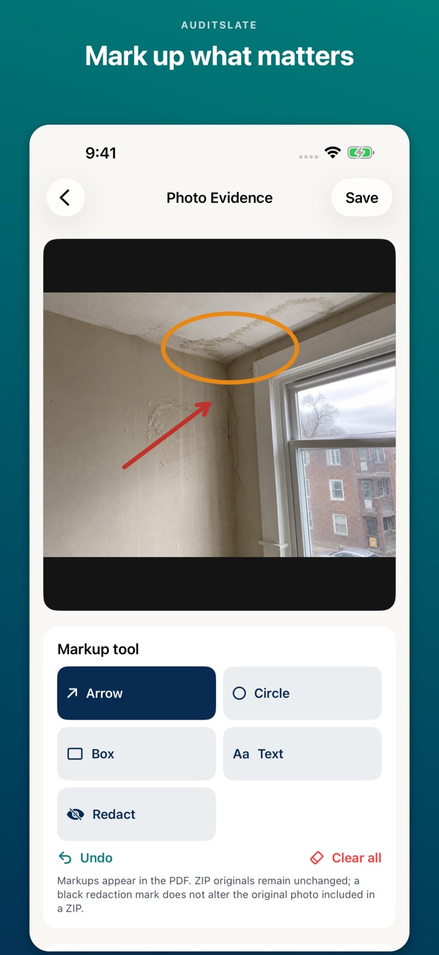 AuditSlate photo markup tools shown on iPhone