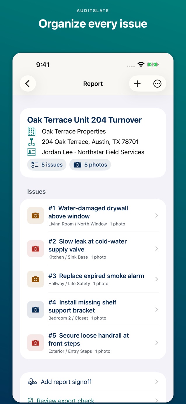 AuditSlate report checklist shown on iPhone