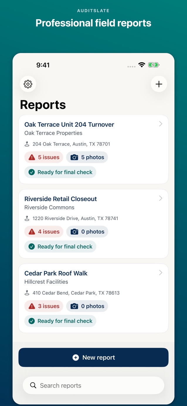 AuditSlate reports dashboard shown on iPhone