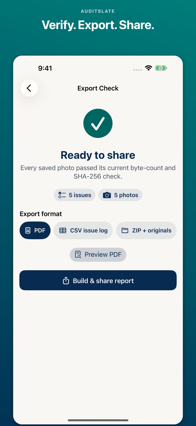 AuditSlate verified report export shown on iPhone